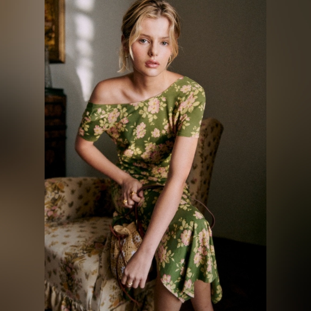 Sezane Olive Green Floral Dress